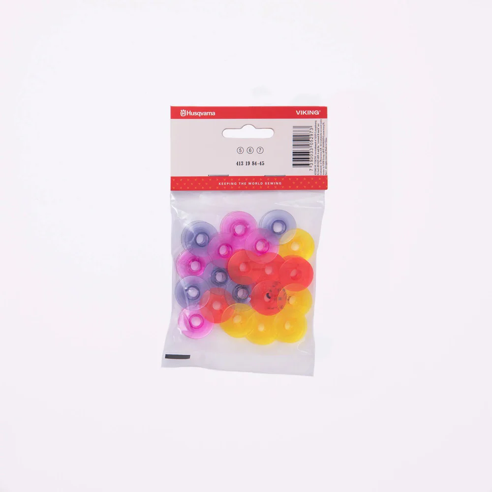 HUSQVARNA® VIKING® Watercolored Bobbins 20-Pack (Pink, Red, Yellow, Dark Blue)